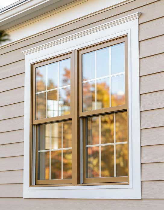 Exterior home siding with modern brown-framed Double Hung Windows Atlanta, featuring classic grid patterns, smooth vertical operation, and energy-efficient residential window design.