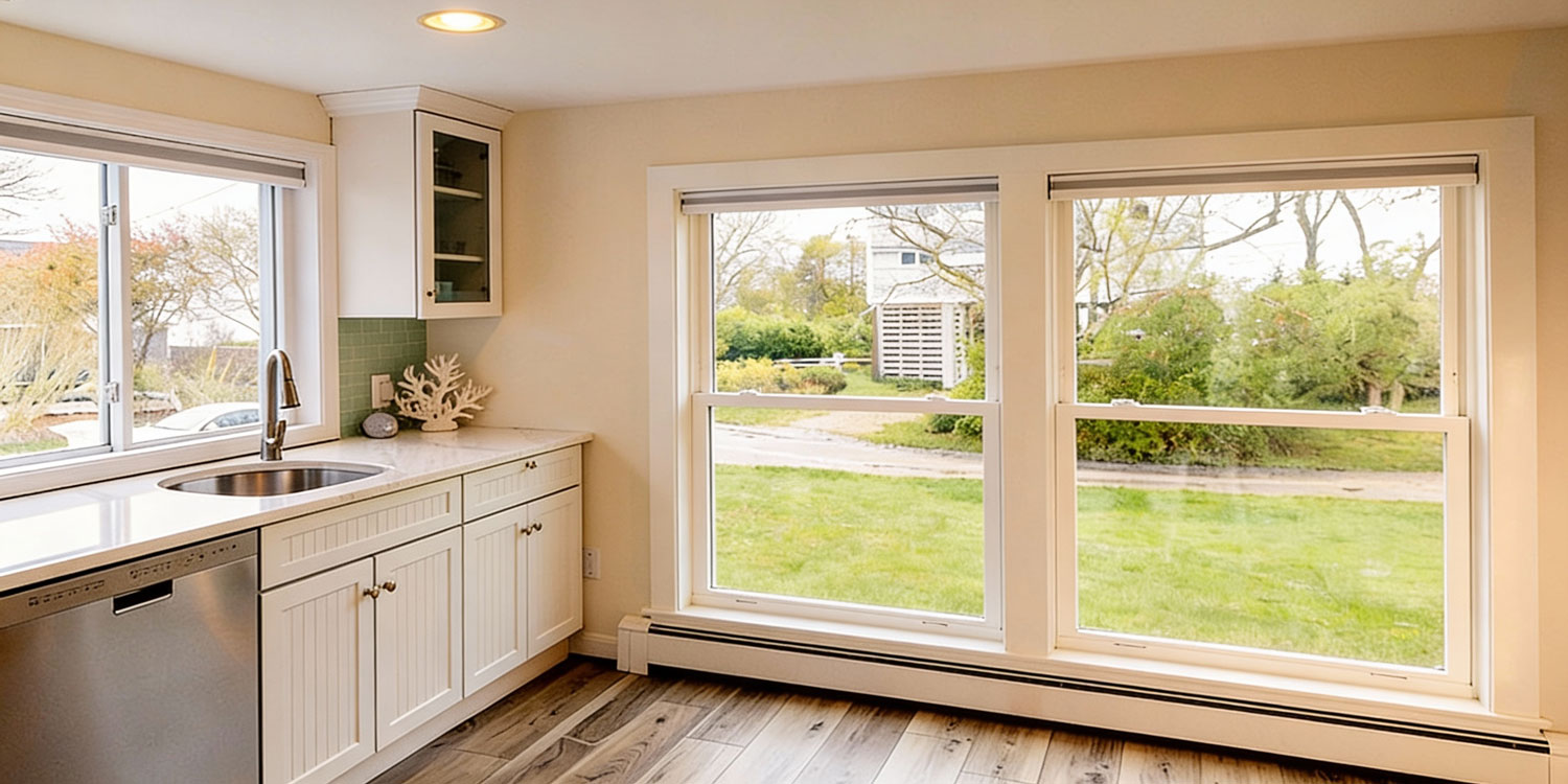 Modern kitchen interior with large white-framed Picture Windows Atlanta overlooking a green lawn, featuring expansive fixed glass, abundant natural light, and a clean contemporary home design.