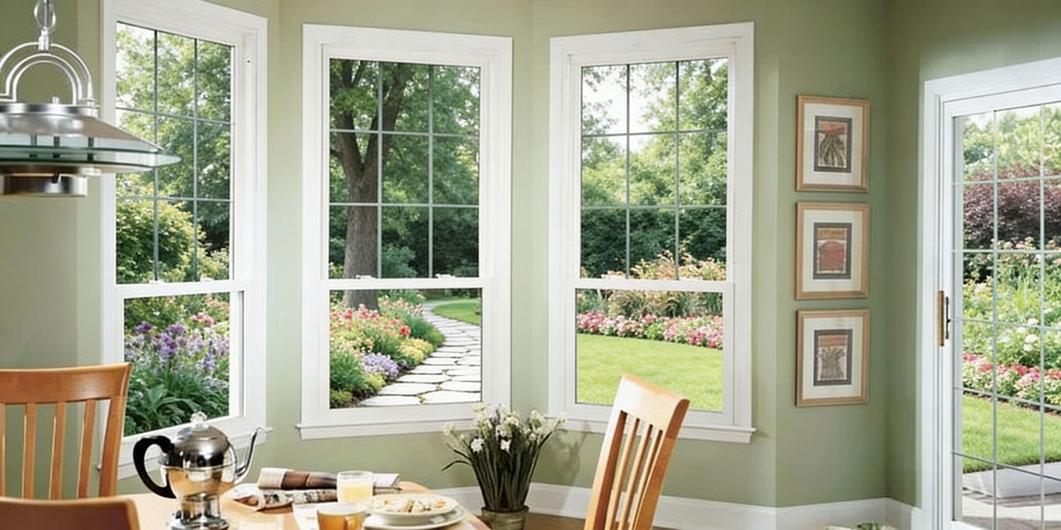 Bright dining area with multiple large white-framed Picture Windows Atlanta overlooking a landscaped garden, showcasing expansive outdoor views, abundant natural light, and elegant home window design.