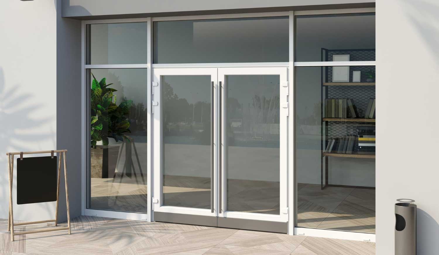 Modern commercial glass double entry doors with aluminum framing, showcasing professional Window Replacement Gadsden, AL services for storefront and office buildings