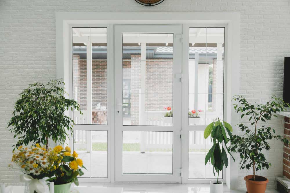 Elegant interior with white-framed glass French doors and sidelights opening to outdoor space, showcasing professional Window Replacement Calhoun County for residential window and door installation services